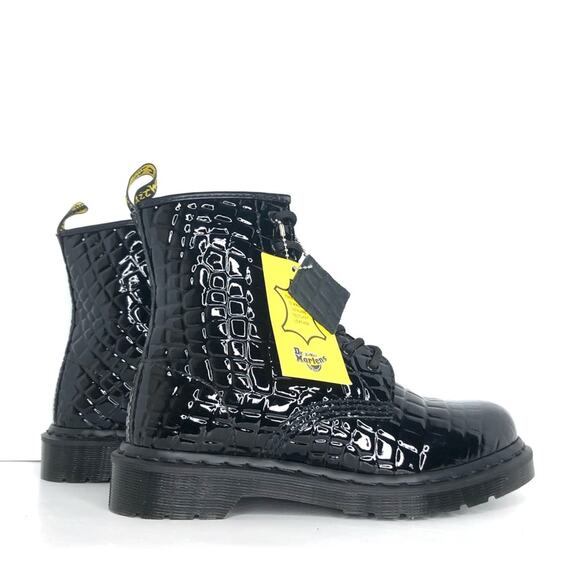 Dr Martens Patent Croc Emboss Black Leather Ankle Lace Up Boots Women’s 7 Shoes - Picture 2 of 12